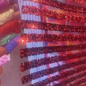 Sequin Stripes wine color detail on mesh 4 way stretch Fabrics Sold by the yard