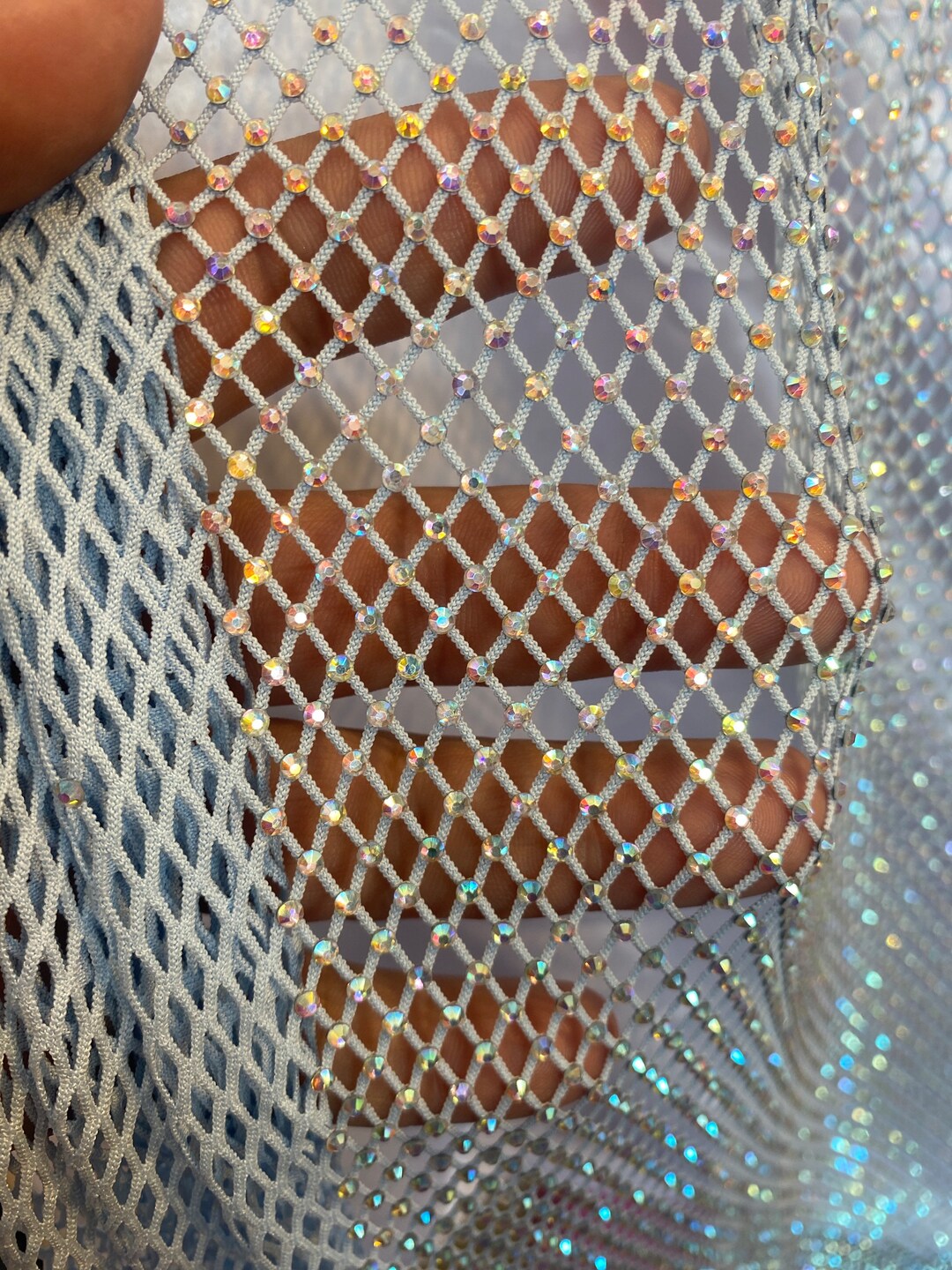Beby Blue Fish Net With Rhinestones Iredecen Stretches for All 4 Sides ...