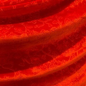 May include: Orange fabric with a floral pattern. The fabric is soft and velvety.