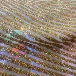 Sequin Stripes yellow/yellow detail on mesh 4 way stretch Fabrics Sold by the yard
