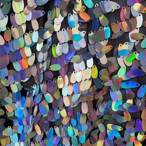 Hanging Sequins silver irdesin 2 way stretch mesh  fabric sold  by the yard i