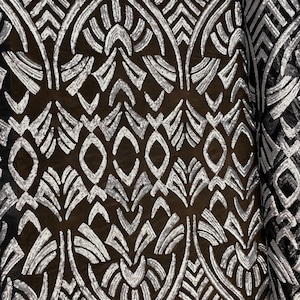 aztecs  Sequins Silver Matt fineshed Antique Designs Stretch Sequins 4 Way On Ivory Mesh Sequins Fabric Sold By Yard