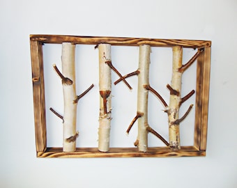 Handmade White Birch Log Wall Art, Rustic Wood Frame