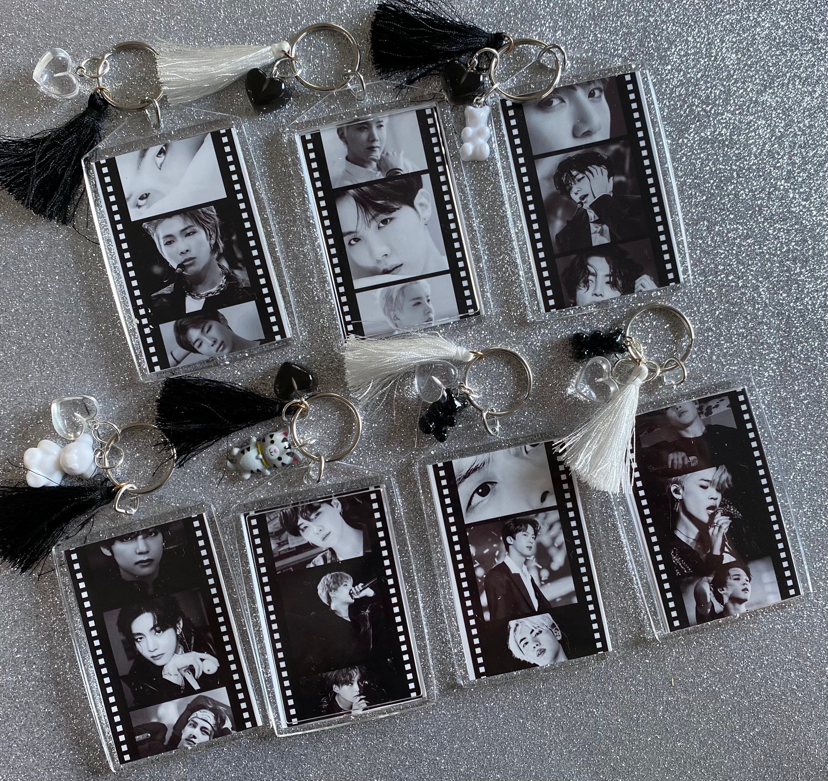 BTS inspired Double sided black and white film strip keychains