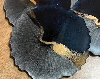 Navy Blue, Silver & Gold Resin Coaster | Handmade Midnight Agate-Style Design, Bespoke Home Decor, Decorative Tray Plant Stand | Farmhouse