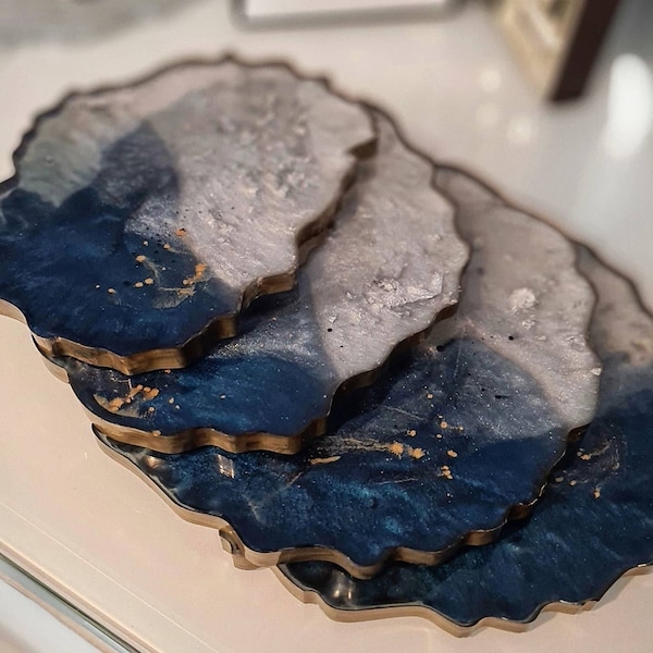 Handmade Blue, Silver & Gold Resin Coaster | Home Decor | Dark Sea | Room Decor | Shabby Chic | Drinks Tray Accessory | Unique Garden Decor