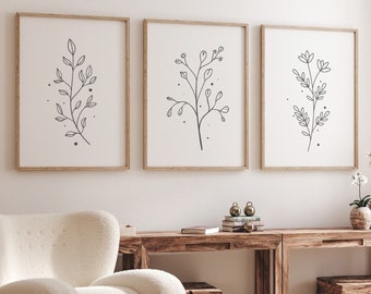 Botanical Line Art Prints, Set Of 3 Prints, Plants Print, Botanical Wall Art, Minimal Plants Prints