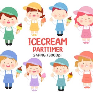 May include: A digital illustration of eight cartoon ice cream servers, each with a different coloured cap and apron. They hold ice cream cones and give a thumbs-up. The text "ICE CREAM PARTTIMER" is displayed.