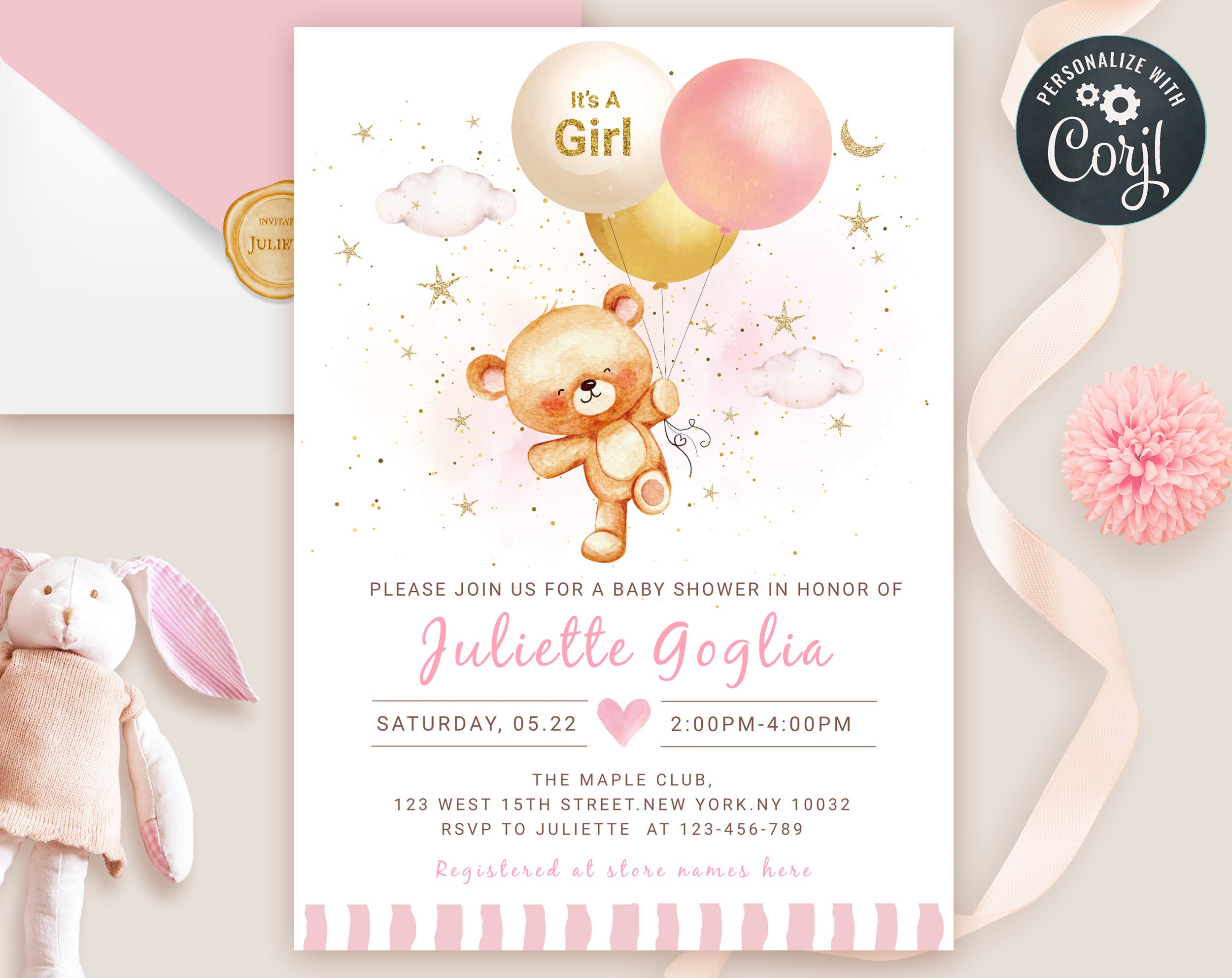 EDITABLE Teddybär Baby Shower Einladung rosa Mädchen Baby Etsy