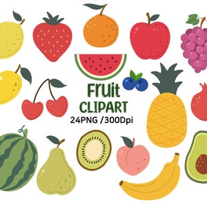 Fruit clip art, pineapple, banana, lemon, apple, grape, pomegranate, peach, kiwi, food clip art set, instant download, commercial, PNG