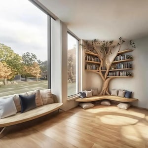 Zwevende hoekplank rustieke boomtak – handgemaakte grenen L-vormige wandplank, natuurlijk houten hoekbank, rustiek huisdecor