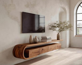 Mueble de TV moderno y escultural para montaje en pared en la sala de estar.