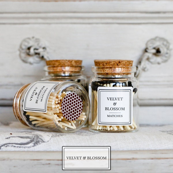 Velvet & Blossom Matches Glass Jar with Black tipped matches and striker in a Apothecary style bottle