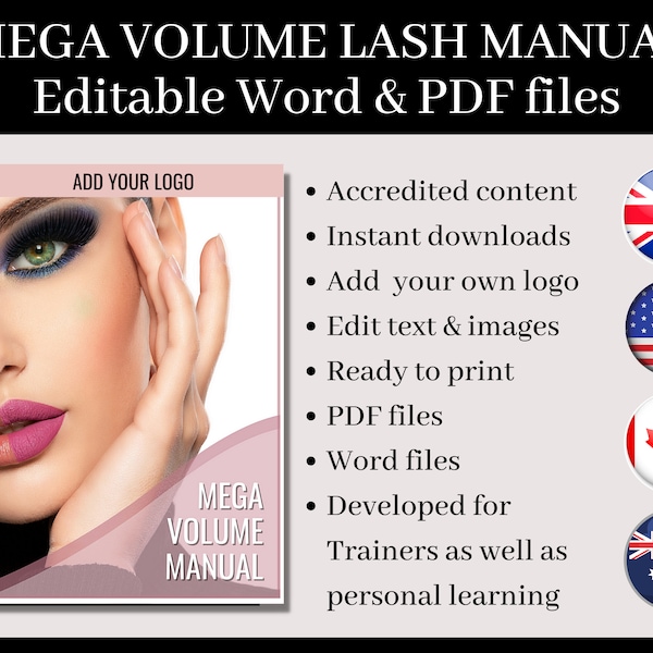 Editable/Customizable Mega Volume Eyelash Extensions Manual, Personal use or for Trainers. PDF & Word files, Advanced Eyelash Extensions