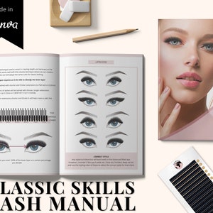 May include: Open book with illustrations of different eye shapes and lash application techniques. The book is titled "Classic Skills Lash Manual".