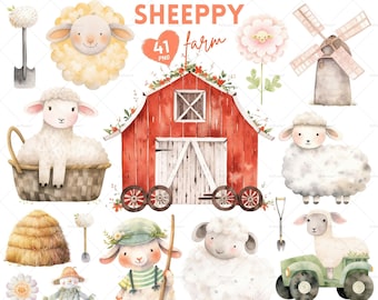 Cute Sheep Farm Clipart, Farm Animals Watercolor PNG, Sheep Farmer decoration, Nursery Clipart, Animals Baby Shower, Watercolor lamb clipart