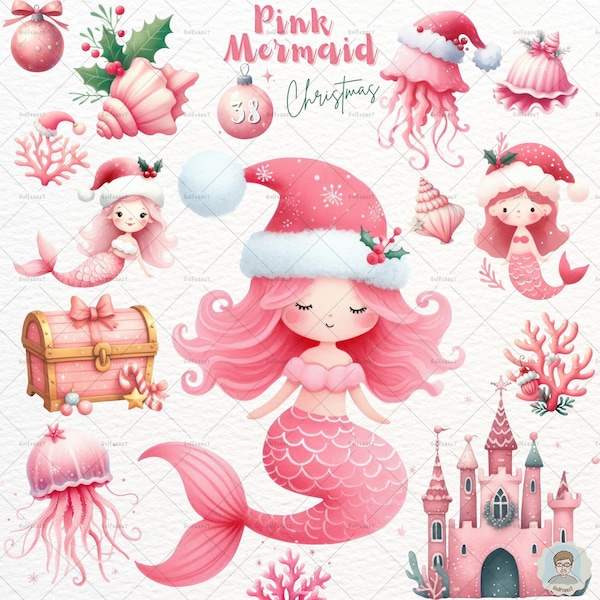 Pink Christmas Santa Mermaid Clipart PNG, Pink Christmas for Girl, Watercolor PNG, Undersea Ornaments, home nursery decor, Commercial use