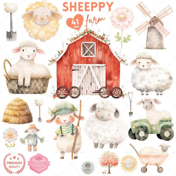 Cute Sheep Farm Clipart, Farm Animals Watercolor PNG, Sheep Farmer decoration, Nursery Clipart, Animals Baby Shower, Watercolor lamb clipart