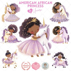 かわいいアメリカン・アフリカン・プリンセス＆ユニコーンのクリップアート、パープル・プリンセスPNG、かわいいユニコーン、かわいい妖精の女の子、水彩クリップアート昇華