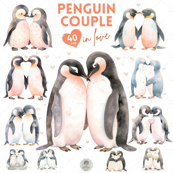 Watercolor Penguin Couple Love, Penguins clipart, Romantic Animal, Romantic Couple, Valentine Day Penguin, Arctic Wildlife, Commercial Use