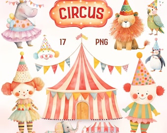 Circus watercolor clipart set, Circus Carnival,  baby shower clipart, Colorful nursery decoration, Circus party tent, Animal circus clipart
