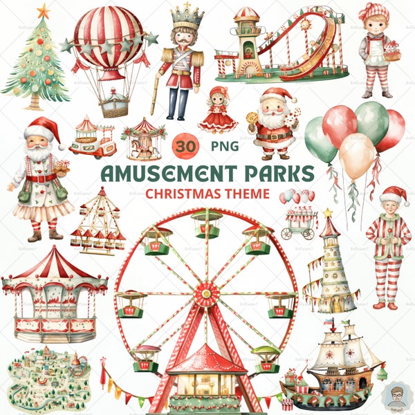 Watercolor Amusement Park, Circus Carnival, Christmas Theme, attraction park, Kids Art, Nursery art, Santa, Ferris wheel, PNG, Clipart