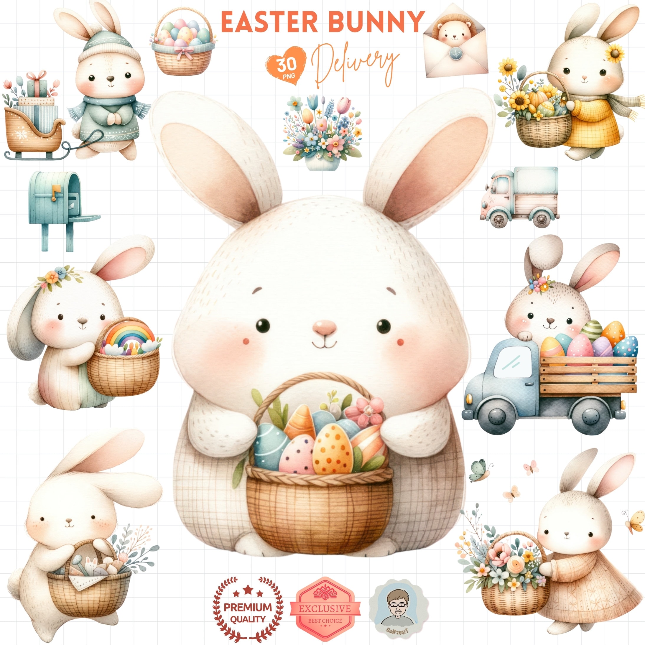 Easter Bunny Delivery Clipart, Adorable Springtime Bunny PNG Collection, Easter Gifts, Spring Bunny Clipart for DIY Project Digital Download