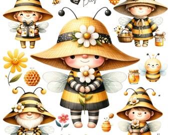 Słodkie krasnale trzmiela Clipart, Bumble bee png, Krasnal miodowy, pobieranie projektu sublimacji, Urocza pszczoła, Kolekcja PNG Bzyczących Krasnali Ogrodowych