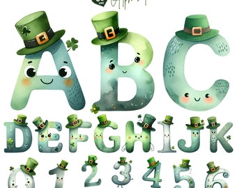 St Patrick Alphabet Clipart PNG Sublimation, Kobold Buchstaben Clipart, Doodle Alphabet, Kindergartenbuchstabe, irische Zahlen, kommerzielle Nutzung