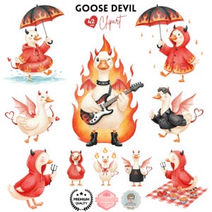 Könnte beinhalten: Eine Sammlung von Aquarellillustrationen mit Cartoon-Gänsen mit teuflischen Themen. Die Gänse sind mit Hörnern, Flügeln und verschiedenen Accessoires dargestellt, darunter eine Gitarre, ein Regenschirm und eine Kochschürze. Der Text "GOOSE DEVIL Clipart" ist sichtbar.