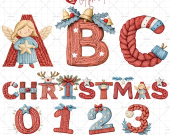 Knitted Christmas Alphabet Clipart: PNG Letters & Numbers (Digital Font)
