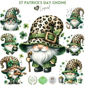May include: A set of 26 digital clipart images featuring gnomes dressed in green and leopard print clothing. The gnomes are wearing hats with shamrocks and holding various St. Patrick's Day themed items, such as a pot of gold, a harp, a pint of beer, a fiddle, and a plate of food.