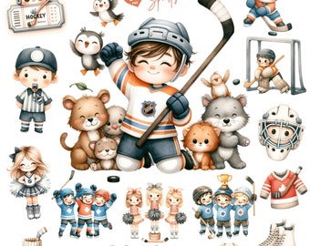 May include: A set of 30 digital illustrations featuring cute hockey players, animals, and cheerleaders. The illustrations are in a watercolor style and feature a variety of colors, including blue, red, white, and green. The set includes a hockey player holding a stick, a penguin, a bear, a cat, a dog, a cheerleader, and a hockey net. The illustrations are perfect for creating personalized projects, such as greeting cards, invitations, and scrapbooking pages.