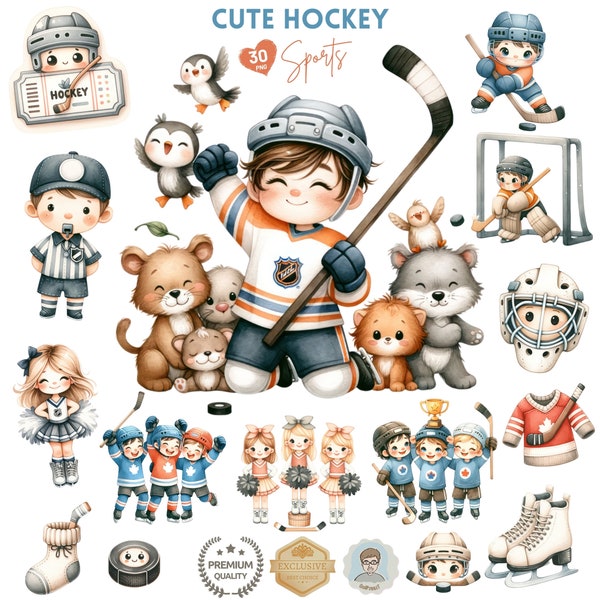 Adorable Hockey Sports Clipart, Ice Hockey Themed Digital PNG, Hockey Team Uniform, Cute Hockey Player, Hockey Goalie Illustration