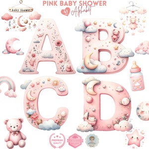 Alfabeto de guardería de baby shower rosa, Cartas de guardería de cumpleaños para niños, Baby Shower, regalo para niña, 26 letras de fiesta clipart, Alfabeto rosa
