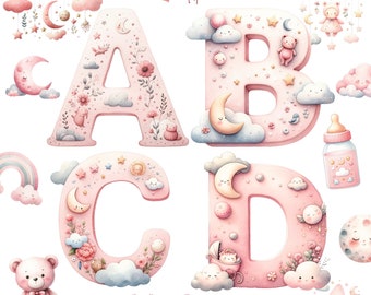 Alphabet rose de pépinière de douche de bébé, lettres de pépinière d’anniversaire d’enfants, douche de bébé, cadeau pour la fille, clipart de lettres de fête 26, alphabet rose