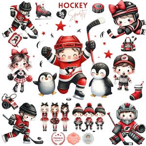 Adorable Hockey Sports Clipart, Ice Hockey Themed Digital PNG, Red and Black Uniform, Cute Hockey Player, Hockey Goalie Illustration