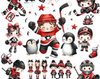 May include: A set of 35 digital illustrations featuring hockey players, cheerleaders, penguins, and referees. The illustrations are in a cartoon style and feature bright colors, including red, black, white, and blue. The illustrations are perfect for creating hockey-themed crafts, cards, and other projects.