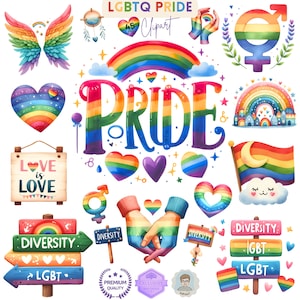 Watercolor LGBTQ Pride Rainbow Clipart, Diversity Pride, Rainbow, Pride sublimation, Pride digital stickers, Love is Love, Valentine LGBTQ