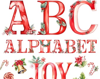Christmas Alphabet Clipart, Christmas PNG Letter, Christmas Font, Christmas Number, Christmas Decor, Watercolor Christmas Letter Bundle