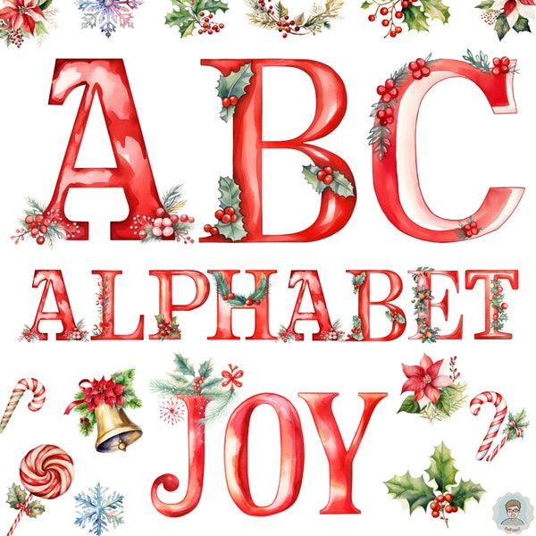 Christmas Alphabet Clipart, Christmas PNG Letter, Christmas Font, Christmas Number, Christmas Decor, Watercolor Christmas Letter Bundle