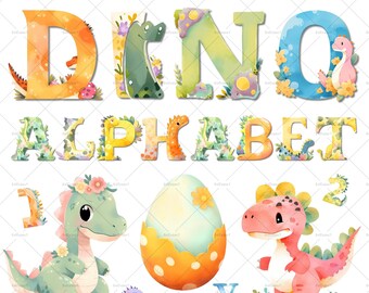 May include: Watercolor dinosaur alphabet collection with letters D, I, N, O, A, L, P, H, A, B, E, T, and a dinosaur egg. The letters are decorated with flowers, leaves, and small dinosaurs.