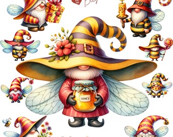 Słodkie krasnale trzmiela Clipart, Bumble bee png, Krasnal miodowy, pobieranie projektu sublimacji, Urocza pszczoła, Kolekcja PNG Bzyczących Krasnali Ogrodowych
