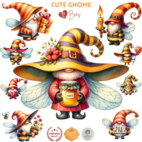 Cute Bumble bee gnomes Clipart, Bumble bee png, Honey gnome, sublimation design download, Adorable Bee, Buzzing Garden Gnomes PNG Collection