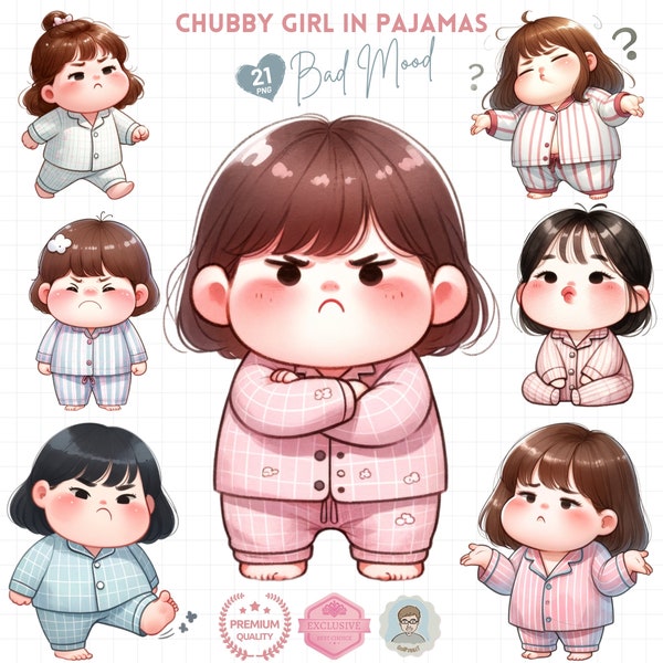 Cozy Sleepwear Expressions, Adorable Chubby Girl Emotes in Pajamas, Sleepy and Bad Mood Girl, Comfy Toddler Nightwear, Gift for Children