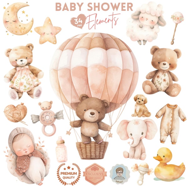 Baby Shower Clipart, Soft Baby Shower Decor, Newborn Baby, Nursery PNG, Adorable Newborn Illustration, Baby gift, Birthday,  Teddy Bear