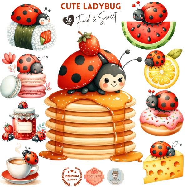 Sweets Bugs, Cute Ladybug Food & Sweets Clipart, Adorable Insect Themed PNG Illustrations, Whimsical Food PNG, Watercolor Desserts, Nursery