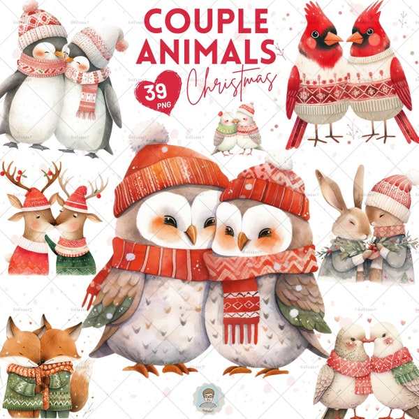 Watercolor Christmas Animal Couple, Romantic Animal Clipart, Romantic Couple Animal, Animal Couple PNG, Christmas woodland, Commercial Use