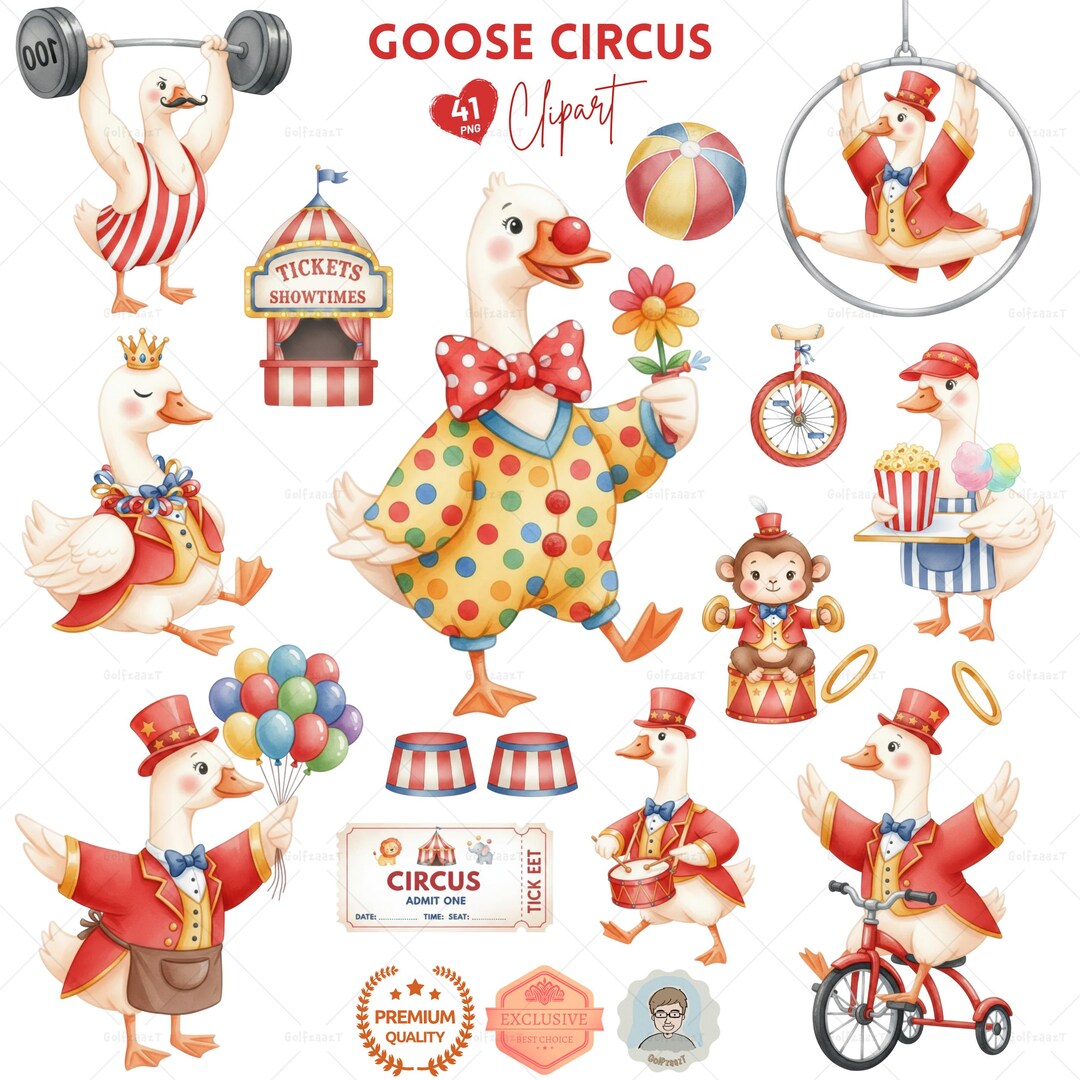 Goose Circus Watercolor Clipart Set | Cute Animal PNG Bundle for Kids ...