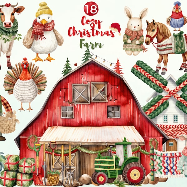 Watercolor Cozy Christmas Farm | Farm and Animals | Cozy Christmas Clipart bundle | New Year Clipart PNG